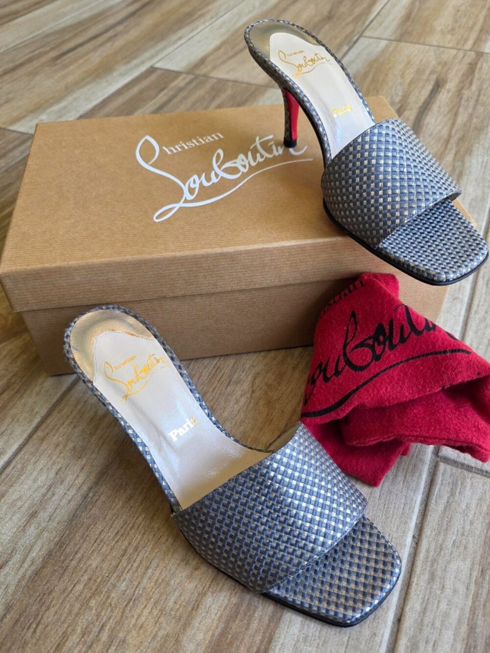 Christian Louboutin Metallic Silver Woven Mule Sandals with Red Soles